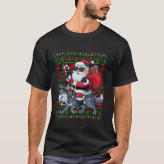 醜いクリスマスライトサンタおもしろいライディングウルフクリスマス Tシャツ