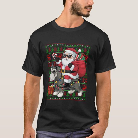 醜いクリスマスライトサンタおもしろいライディングシュナウツァードッグ Tシャツ (正面)