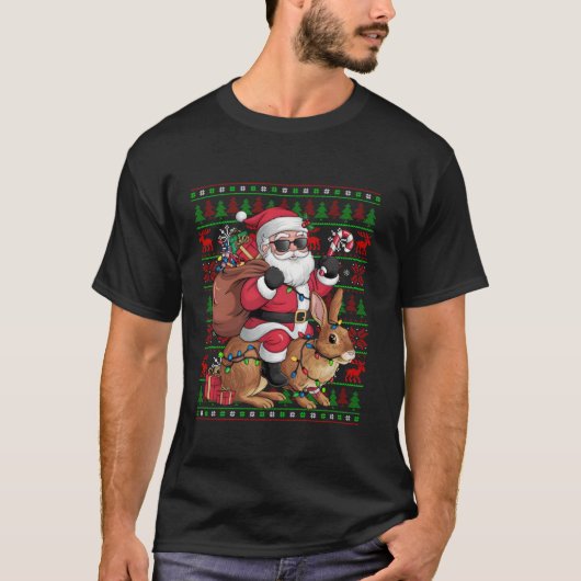 醜いクリスマスライトサンタおもしろいライディングハレクリスマス Tシャツ (正面)