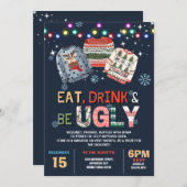 醜いクリスマス食べのセーター飲み物 招待状 (正面/裏面)