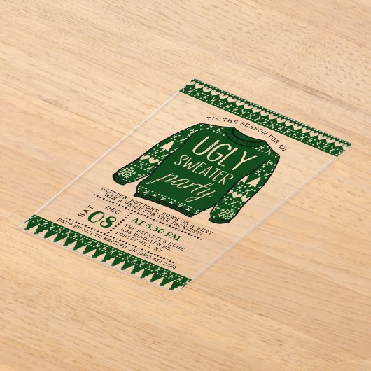 醜いグリーンクリスマスセーターホリデーパーティー アクリル招待状 (レイダウン)