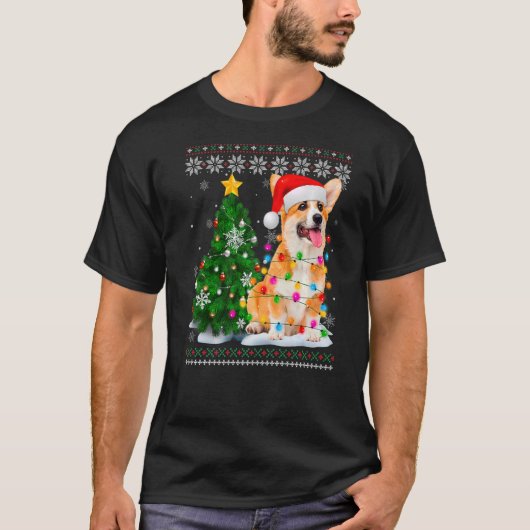醜いコーギドッグサンタハットクリスマスツリーのライト Tシャツ (正面)
