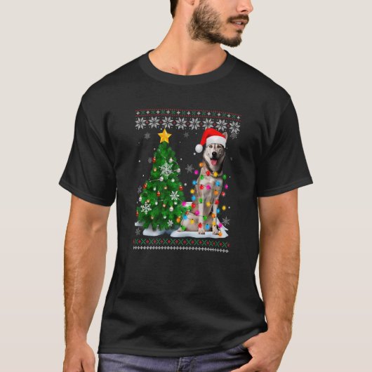 醜いシベリアのハスキードッグサンタハットクリスマスツリーL Tシャツ (正面)