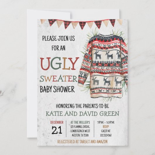 醜いスウェーターのベビーシャワー招待状 招待状 (正面)