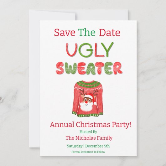 醜いセーターおもしろいトナカイのクリスマスパーティー セーブザデート (正面)