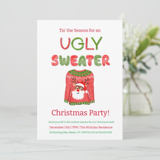 醜いセーターおもしろいトナカイのクリスマスパーティー 招待状 (スタンド正面)