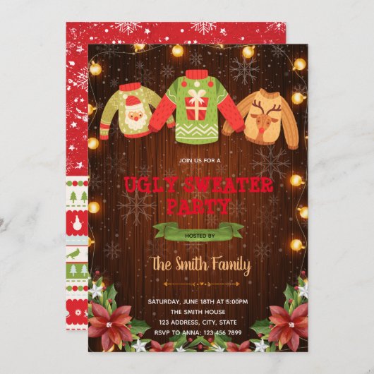 醜いセーターのクリスマステーマ招待 招待状 (正面/裏面)
