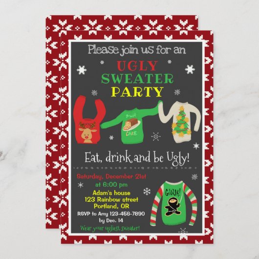 醜いセーターのクリスマス招待セーターパーティー 招待状 (正面/裏面)
