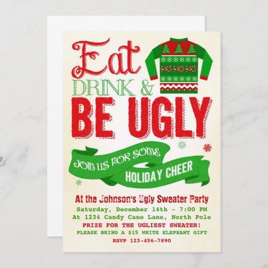 醜いセーターのクリスマス・パーティの休日の招待状 招待状 (正面/裏面)