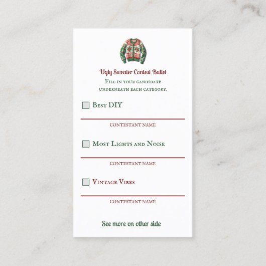 醜いセーターのコンテスト投票バレエ 名刺 (裏面)