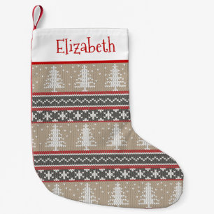 醜いセーターのニットのクリスマスパターン タンおよび赤 スモールクリスマスストッキング