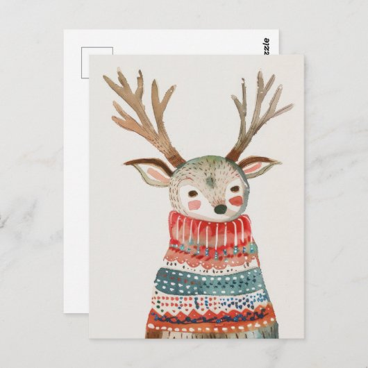 醜いセーターの可愛いトナカイ水の色クリスマス ポストカード (正面/裏面)