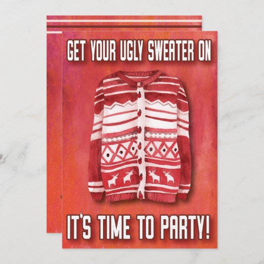 醜いセーターの時間とパーティーファミリーの赤い水彩 招待状 (正面/裏面)