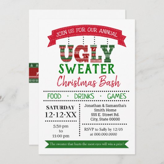 醜いセータークリスマスの年次オフィスパーティー 招待状 (正面/裏面)