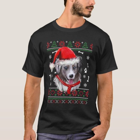 醜いセータークリスマスアメリカンシェパードサンタハット Tシャツ (正面)