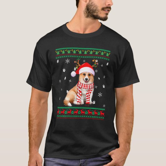 醜いセータークリスマスコルギドッグサンタトナカイ Tシャツ (正面)