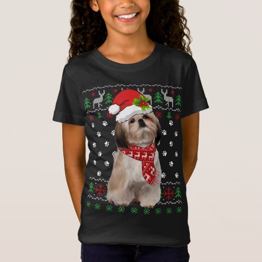醜いセータークリスマスシーズー（犬）Tzuドッグパピークリスマスパジ Tシャツ (正面)