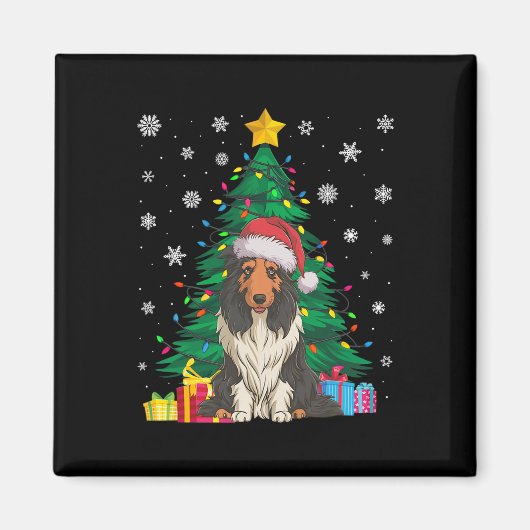 醜いセータークリスマスツリーのライトひげ付きコリー犬S マグネット (正面)