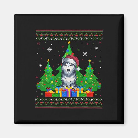 醜いセータークリスマスツリーサンタハットシベリアハス マグネット (正面)