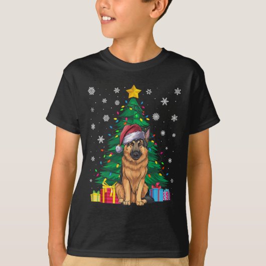醜いセータークリスマスツリーライトドイツの羊飼い犬 Tシャツ (正面)