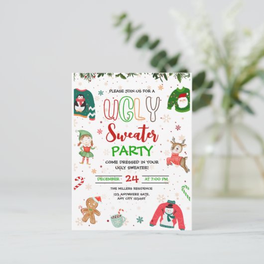 醜いセータークリスマスパーティの招待状クリスマス ポストカード (スタンド正面)