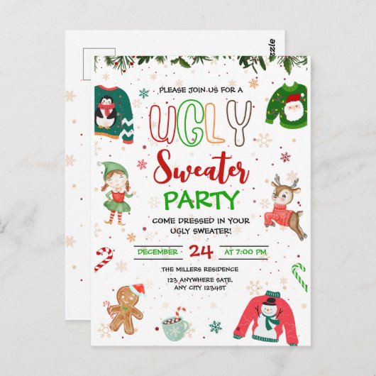 醜いセータークリスマスパーティの招待状クリスマス ポストカード (正面/裏面)