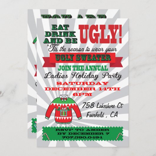 醜いセータークリスマスパーティの招待状 招待状 (正面/裏面)