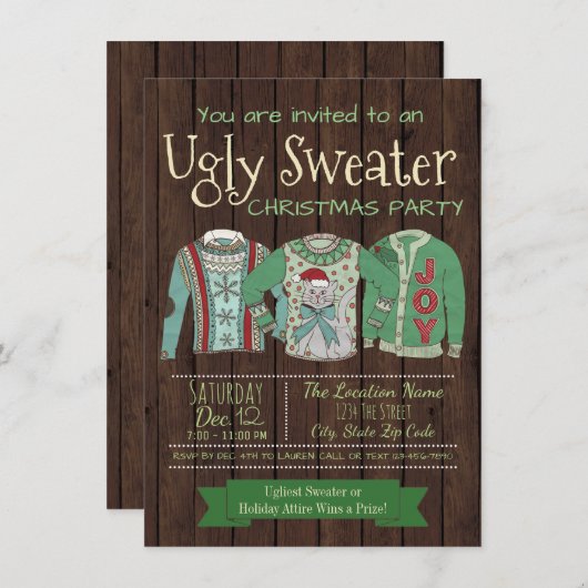 醜いセータークリスマスパーティの招待状 素朴 招待状 (正面/裏面)