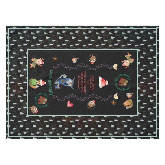 醜いセータークリスマスパーティーアニマルズブラックティール(緑がかった色) テーブルクロス (正面(横))