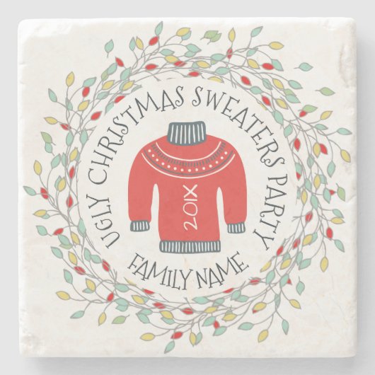 醜いセータークリスマスパーティー文字&冬リース ストーンコースター (正面)