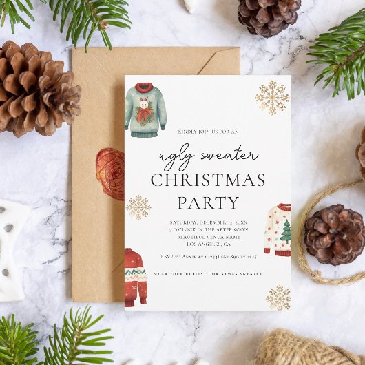 醜いセータークリスマスパーティー金ゴールドスノーフレーク 招待状