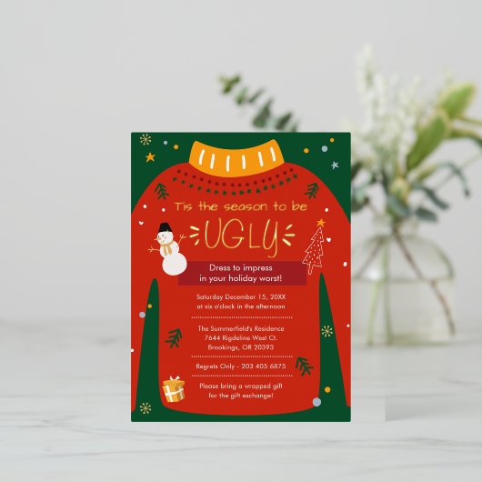 醜いセータークリスマスパーティー金ゴールド 箔シーズンポストカード (立ち正面)