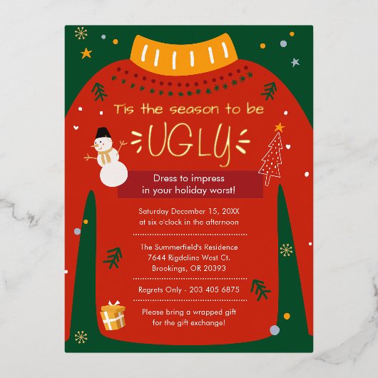 醜いセータークリスマスパーティー金ゴールド 箔シーズンポストカード (正面)