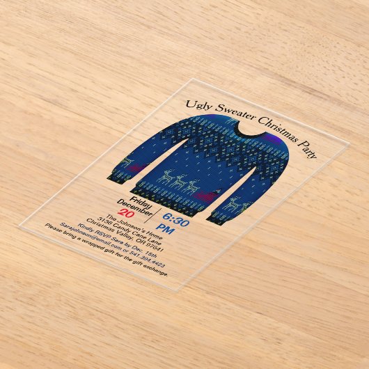 醜いセータークリスマスパーティー、青と鹿 アクリル招待状 (レイダウン)