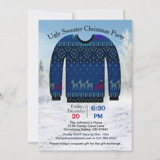 醜いセータークリスマスパーティー、鹿のある青、ZPR 招待状 (正面)