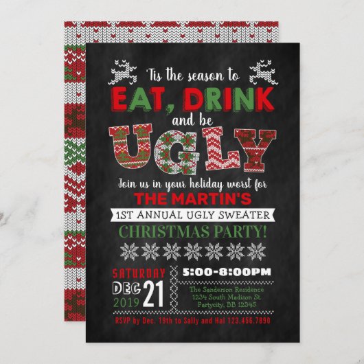 醜いセータークリスマスホリデーパーティー 招待状 (正面/裏面)