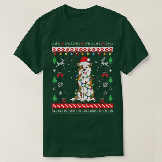 醜いセータークリスマスライトオーストラリアシェパード Tシャツ (デザイン正面)