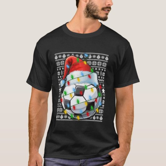 醜いセータークリスマスライトサンタハットサッカーフットボール Tシャツ (正面)