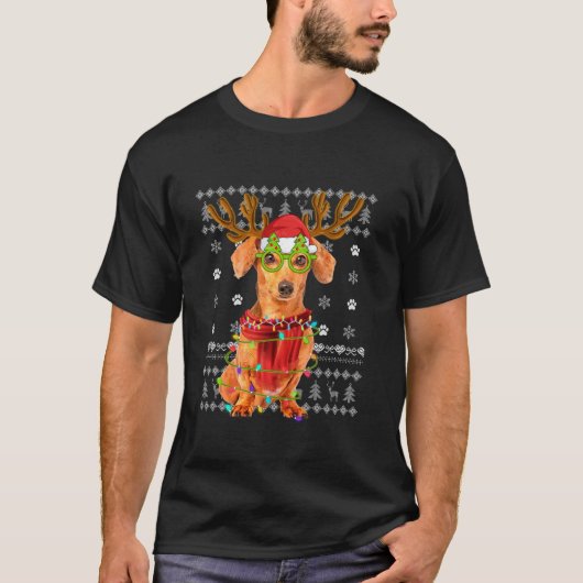 醜いセータークリスマスライトダックスシュント犬の子犬 Tシャツ (正面)