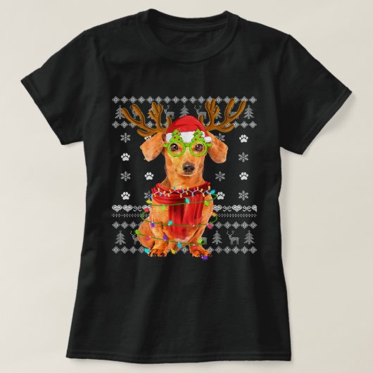醜いセータークリスマスライトダックスシュント犬の子犬 Tシャツ (デザイン正面)