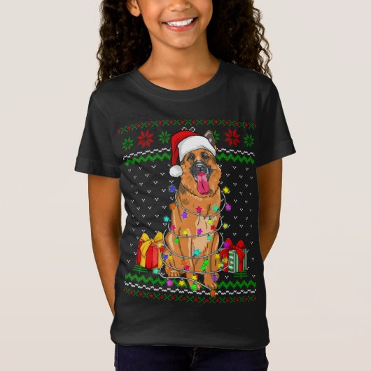 醜いセータークリスマスライトドイツ羊飼い犬 Tシャツ (正面)