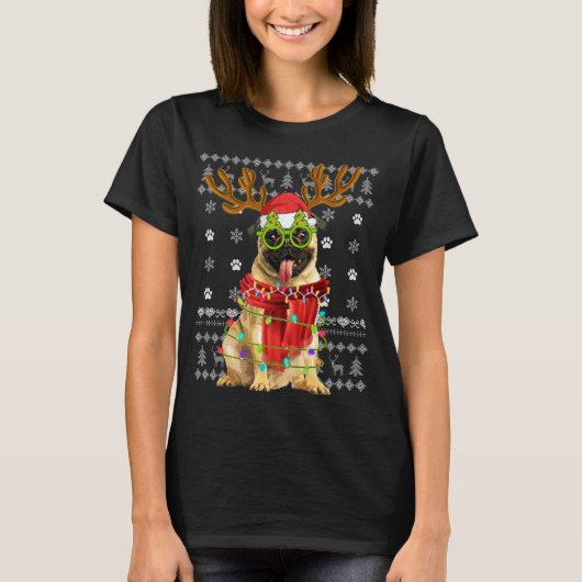 醜いセータークリスマスライトパグ犬の子犬の恋人 Tシャツ (正面)