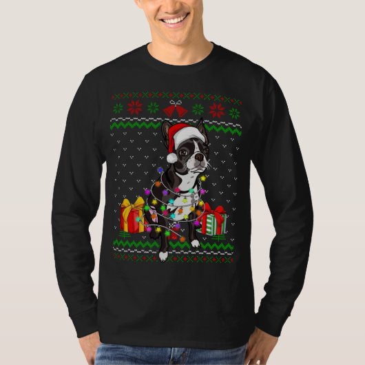 醜いセータークリスマスライトボストンテリアードッグL Tシャツ (正面)