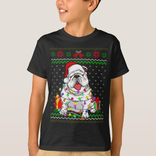 醜いセータークリスマスライト英語ブルドッグ Tシャツ (正面)