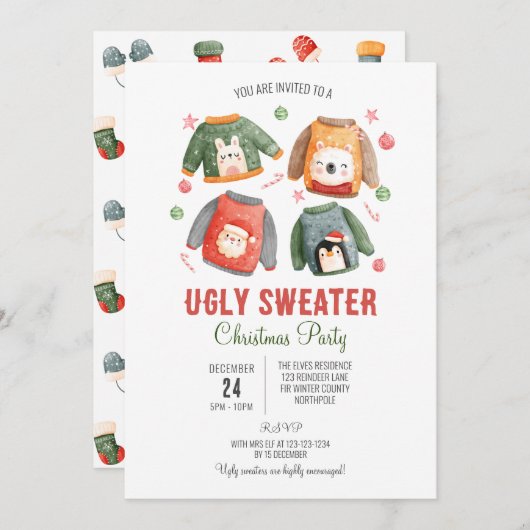 醜いセータークリスマス招待状、ファミリーディナー 招待状 (正面/裏面)