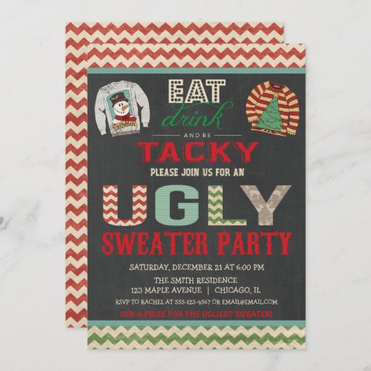 醜いセータークリスマス·パーティー食べがタッキーを飲む 招待状 (正面/裏面)