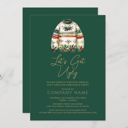 醜いセーターグリーンクリスマス企業のパーティー 招待状 (正面/裏面)
