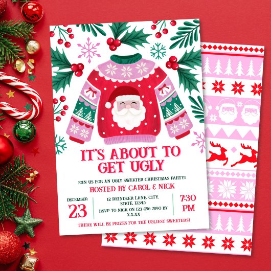 醜いセーターサンタコスチュームパーティーグリーンと赤 招待状