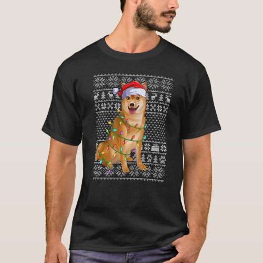 醜いセータースタイルクリスマスライツサンタ柴犬ドッグ Tシャツ (正面)
