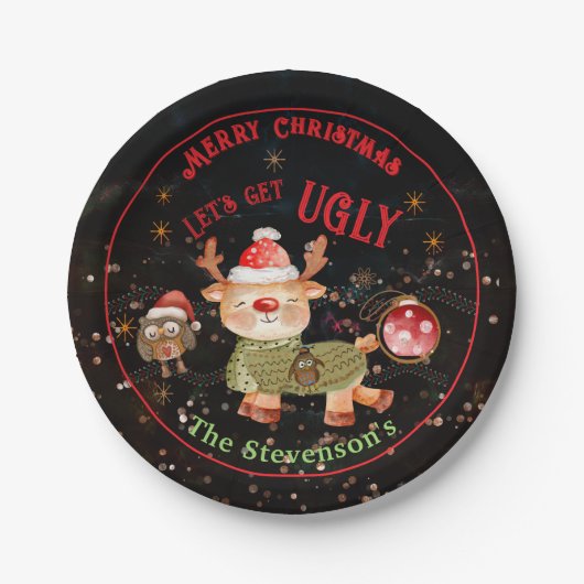 醜いセーターディア&フクロウホリデイ ペーパープレート (正面)